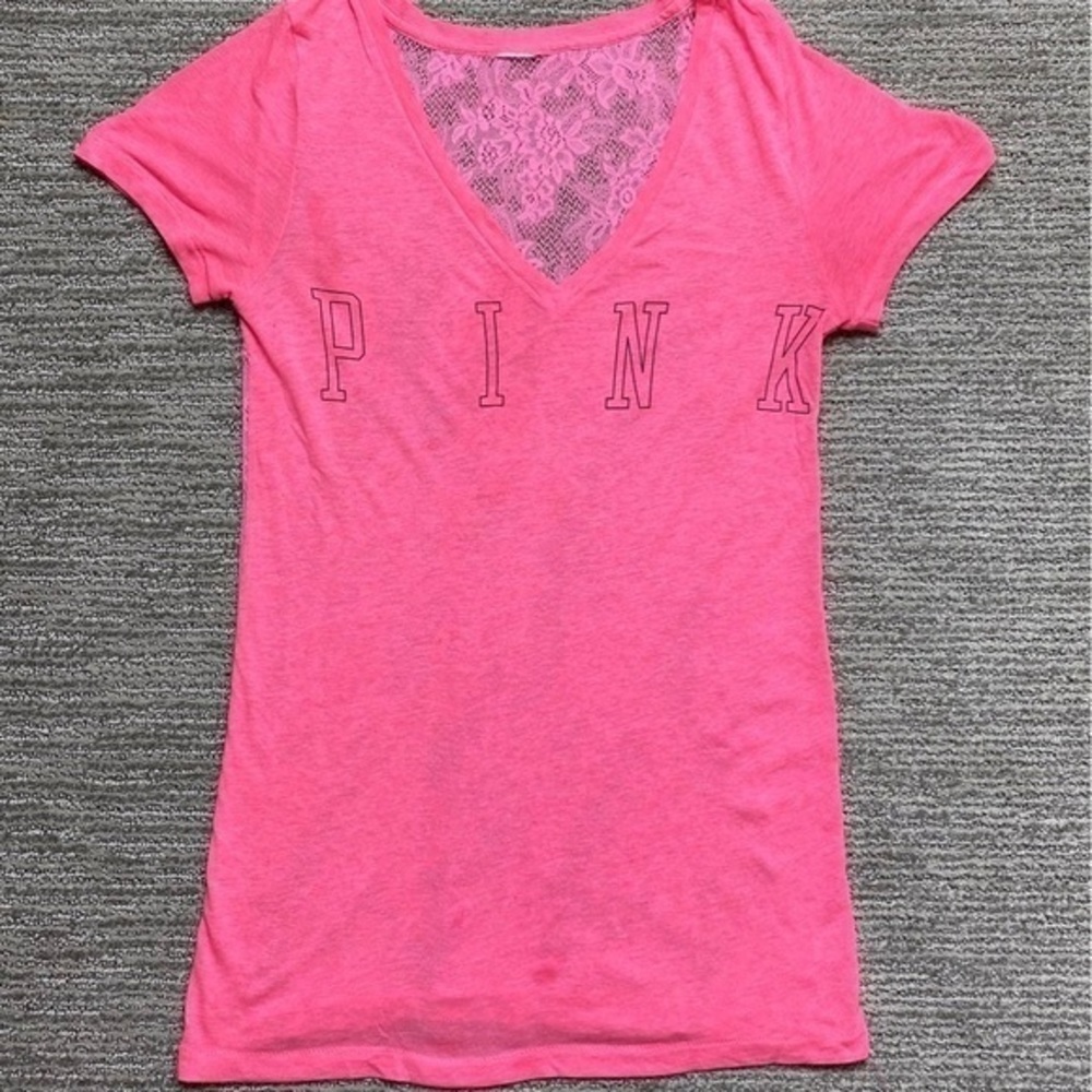 PINK Victoria’s Secret Lace Back V-neck Tee - Picture 1 of 4